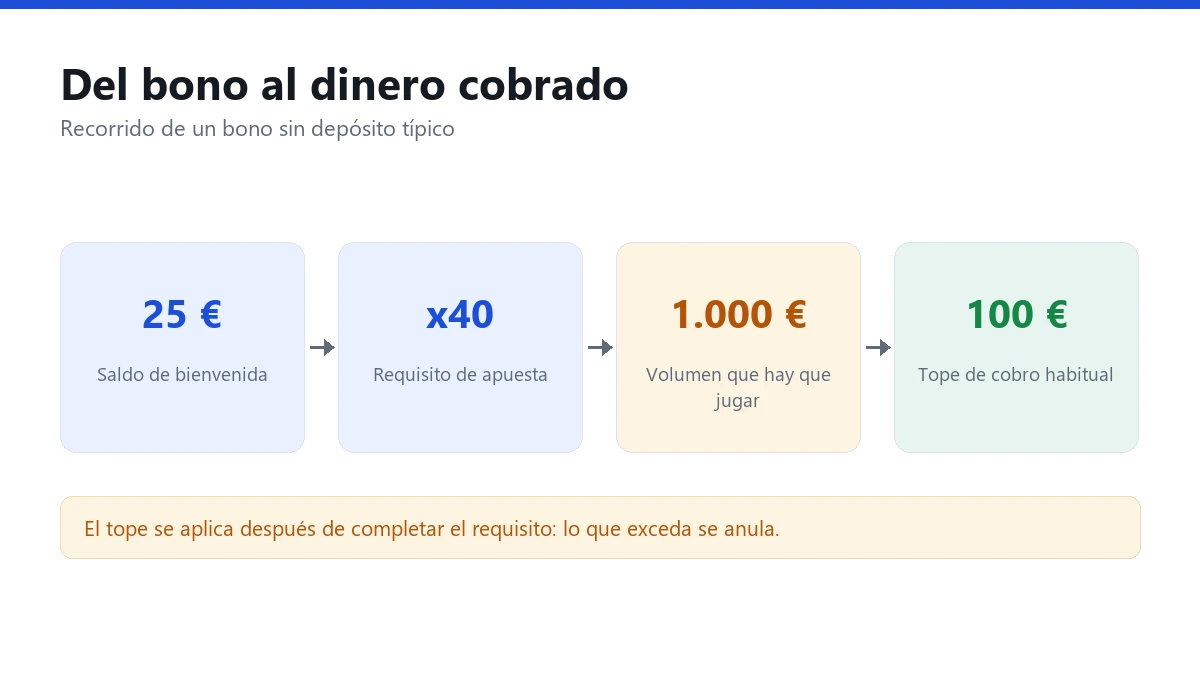 Recorrido de un bono sin depósito: 25 € de saldo, requisito x40, 1.000 € de volumen jugado y tope de cobro de 100 €
