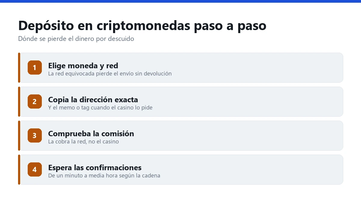Depósito en criptomonedas en cuatro pasos: elegir moneda y red, copiar la dirección, comprobar la comisión y esperar confirmaciones